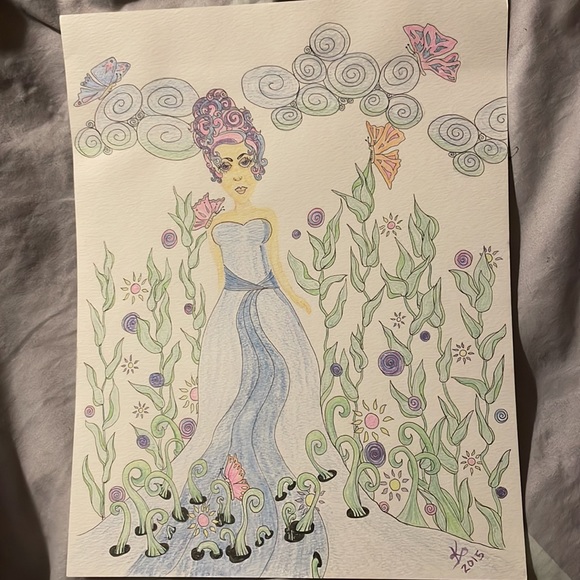 Unframed Original Art Watercolour & Pencil Crayon Whimsical Beauty in Garden - Picture 3 of 6